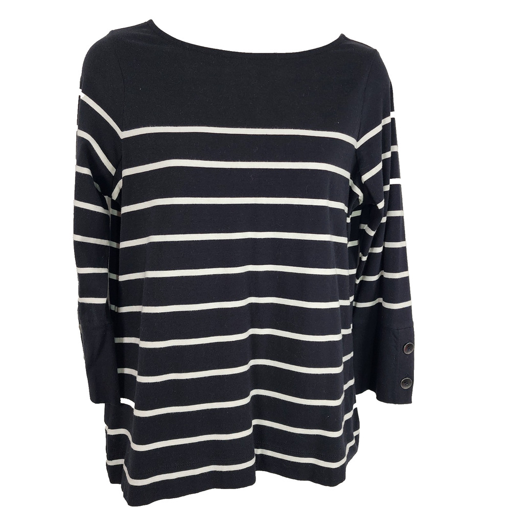 J Jill Striped Knit Tie Back Top 3/4 Sleeve XS Black White Casual Chic Stretch